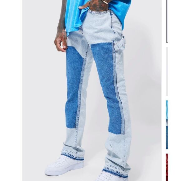 BOOHOO MAN SLIM RIGID FLARE PANEL DISTRESSED JEANS LIGHT BLUE 28L NWT - Picture 1 of 7